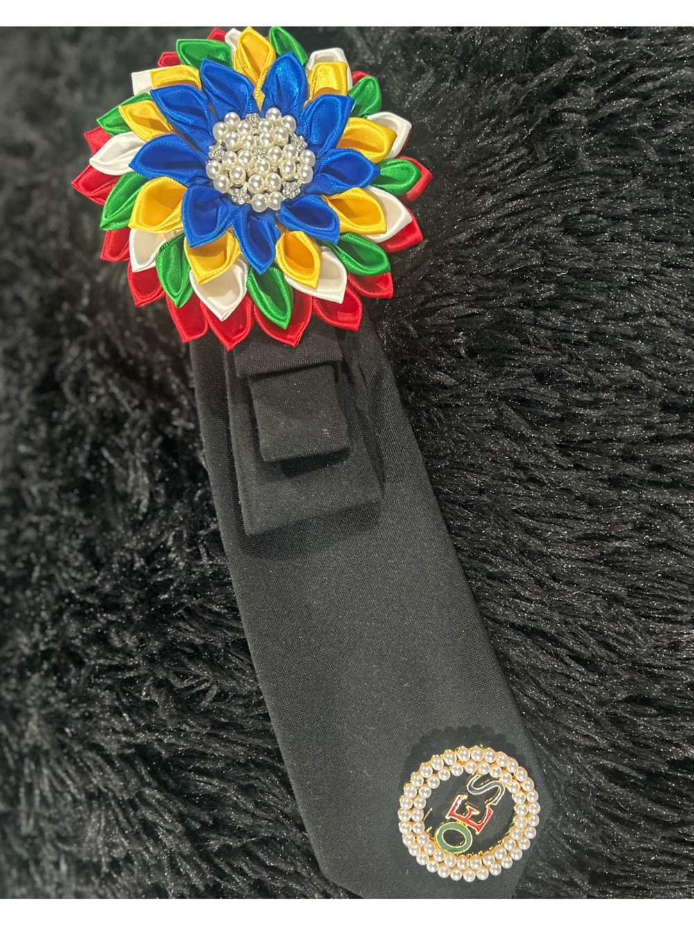 Black Fabric tie with Colorful Satin Flower